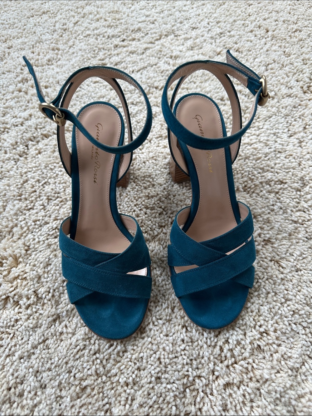 Gianvito Rossi Teal Suede Cross-Strap Ankle-Heel Sandals